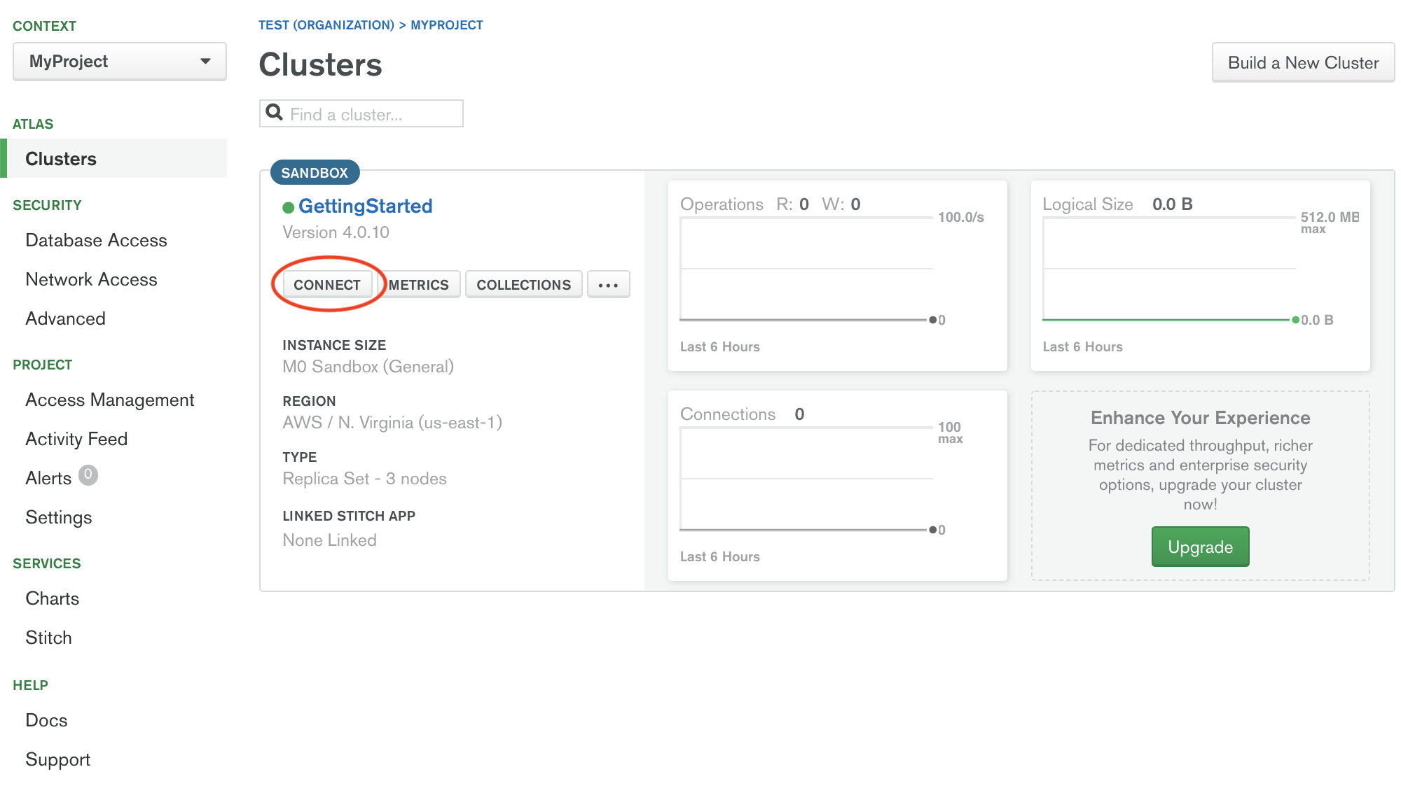 Captura de tela destacando o botão de conexão do cluster.