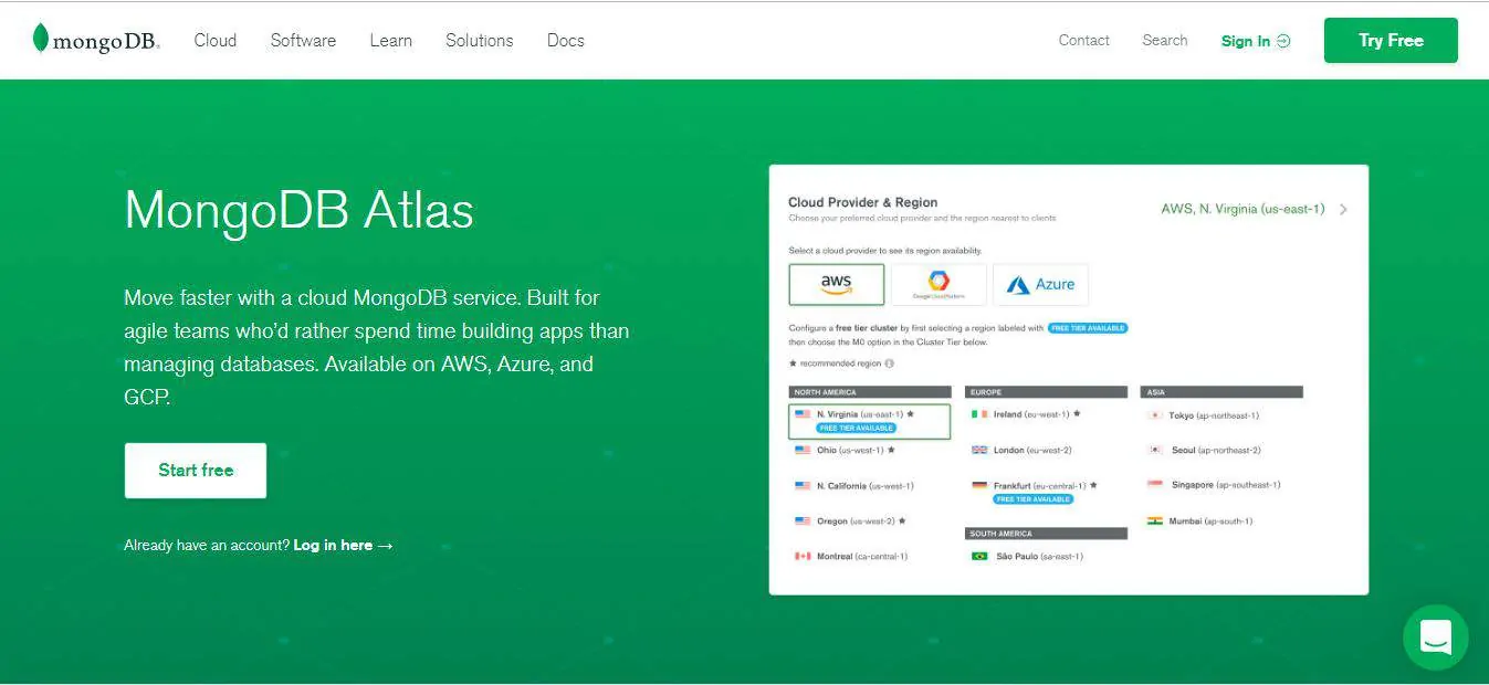 Screenshot showing the MongoDB Atlas Website.