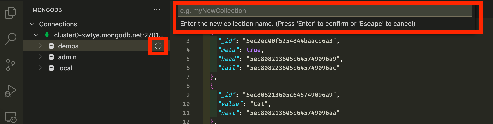 Screenshot showing how to create a new collection in VS Code. A red box highlights the plus button next to your database name.