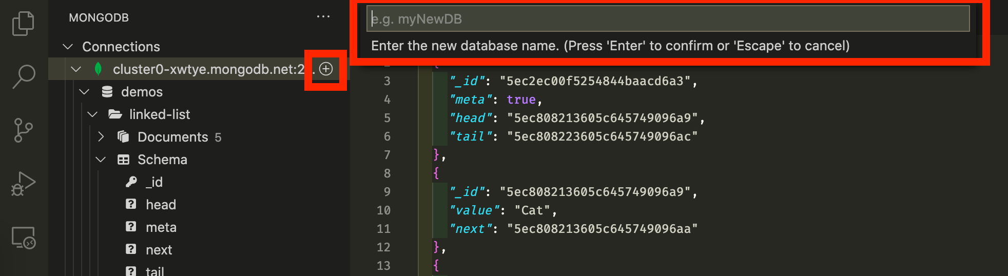 Screenshot showing how to create a new database in VS Code. A red box highlights the plus button next to your cluster name,.