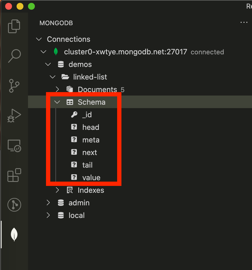 Captura de tela mostrando a navegação do esquema no VS Code