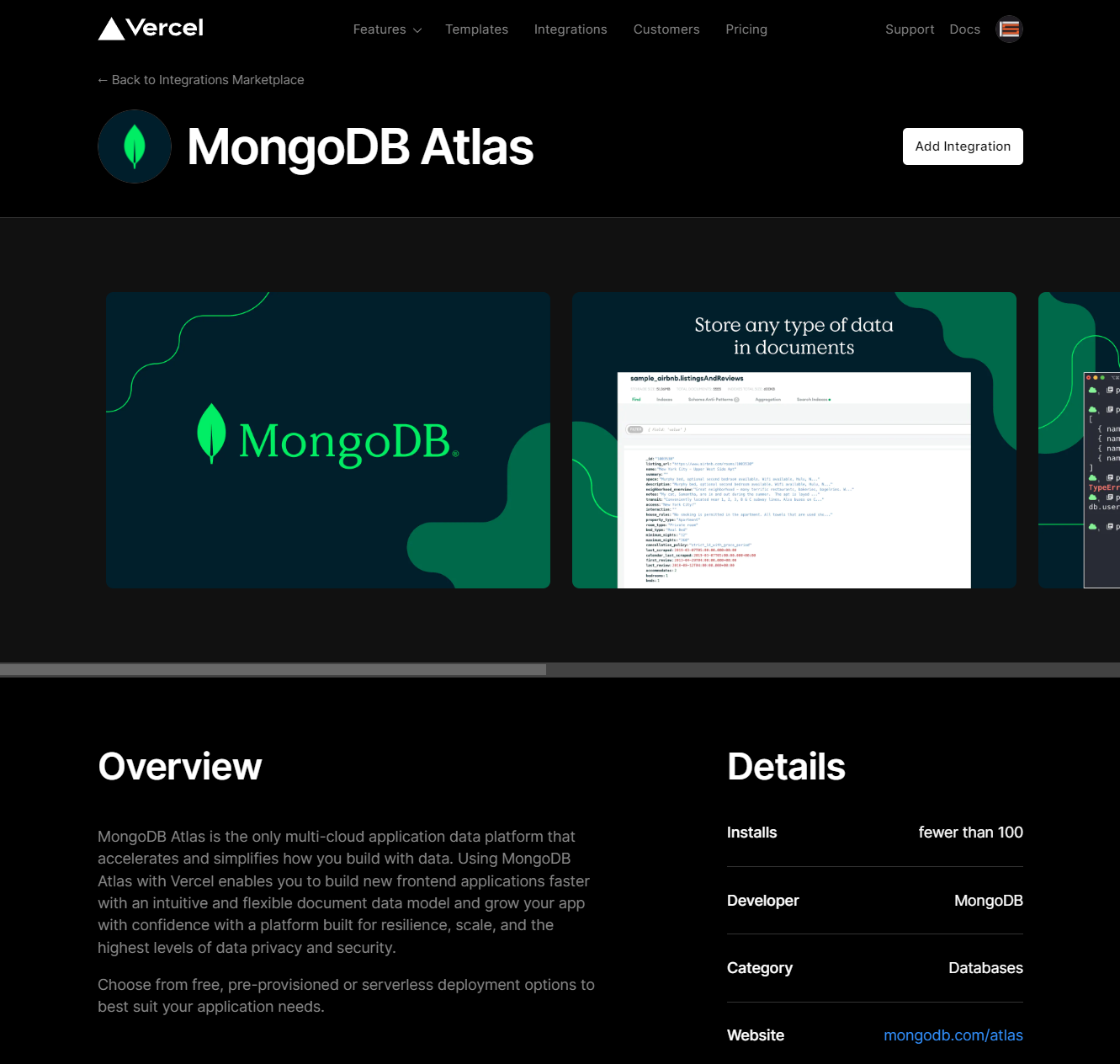 Page showing the MongoDB Atlas Vercel Integration