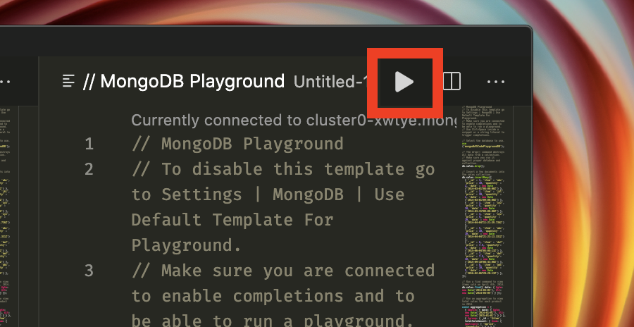 Captura de tela mostrando como executar um playground, uma caixa vermelha destaca o botão Play na barra de navegação superior do Visual Studio Code.