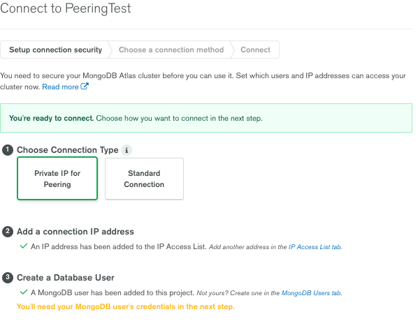 Connect to Peering Test: step 1