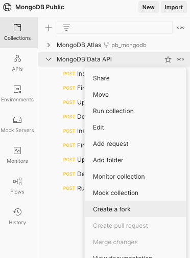 From the left navigation menu, select the three dots next to MongoDB Data API, then select Create a fork.