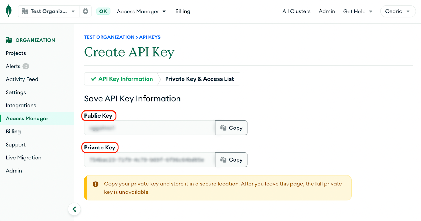 Storing the public and private API key information