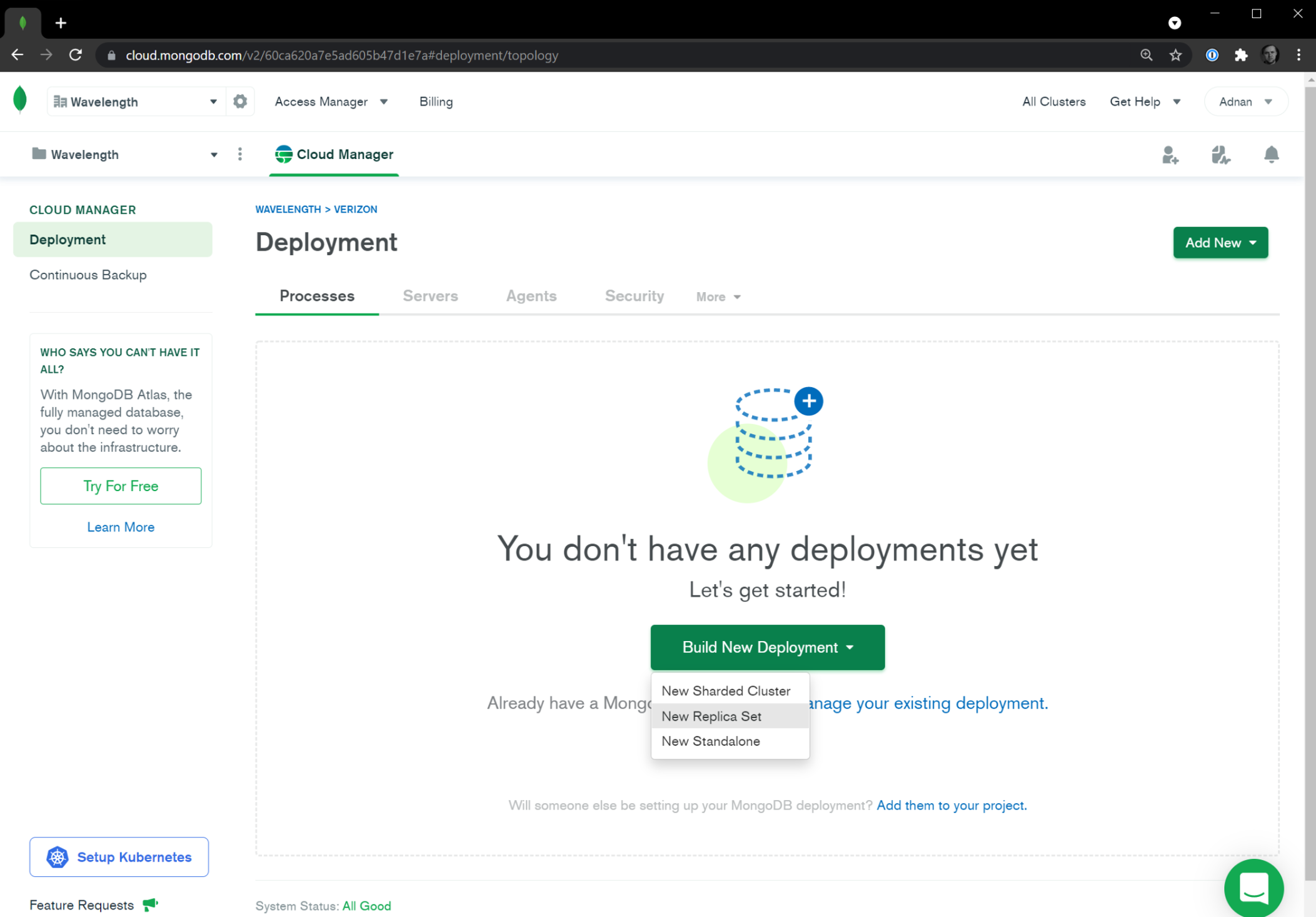 Creating a Replica Set on Cloud Manager