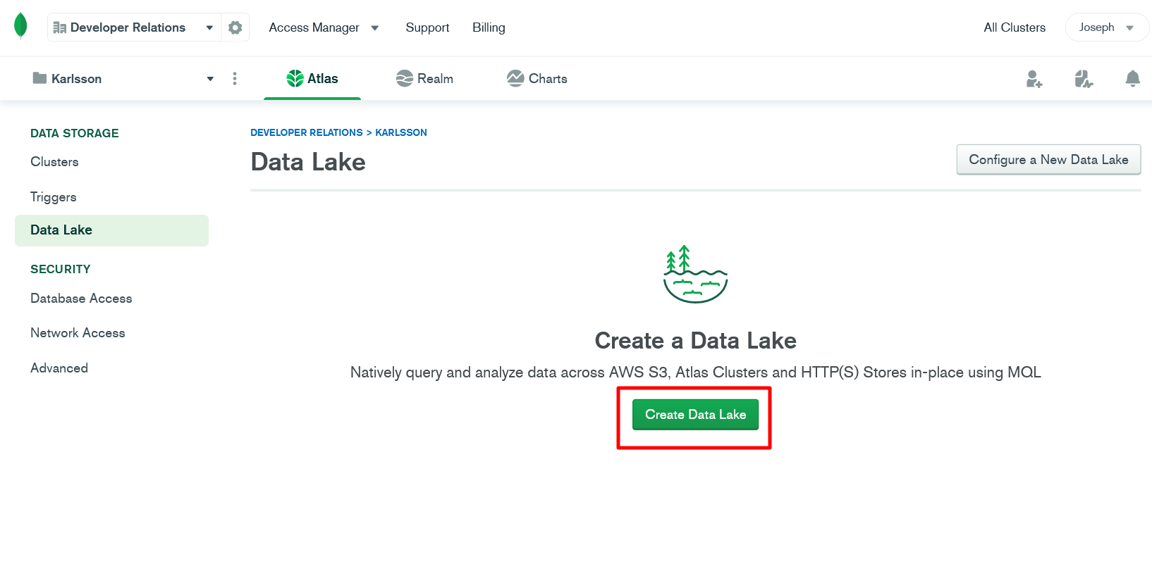 Screenshot from the MongoDB Atlas Data Lake overview page with a red box highlighting the Create Data Lake button.