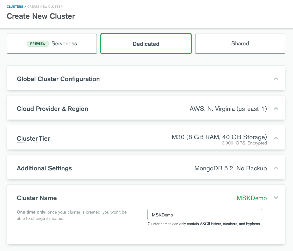 Figure 3: Create new cluster dialog