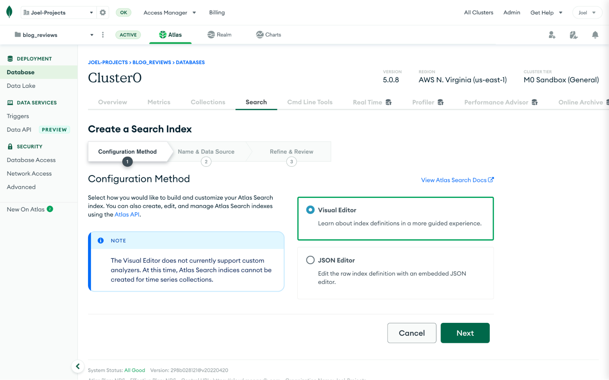 The Create Search Index UI in Atlas