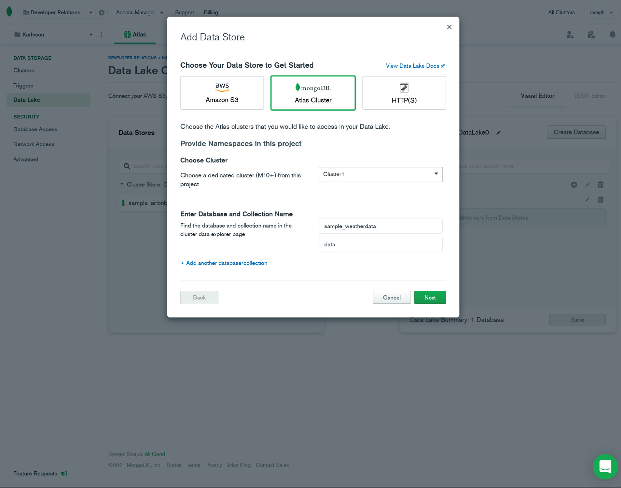 Screenshot from the MongoDB Atlas Data Lake creation modal showing how I filled in the form for this demo.