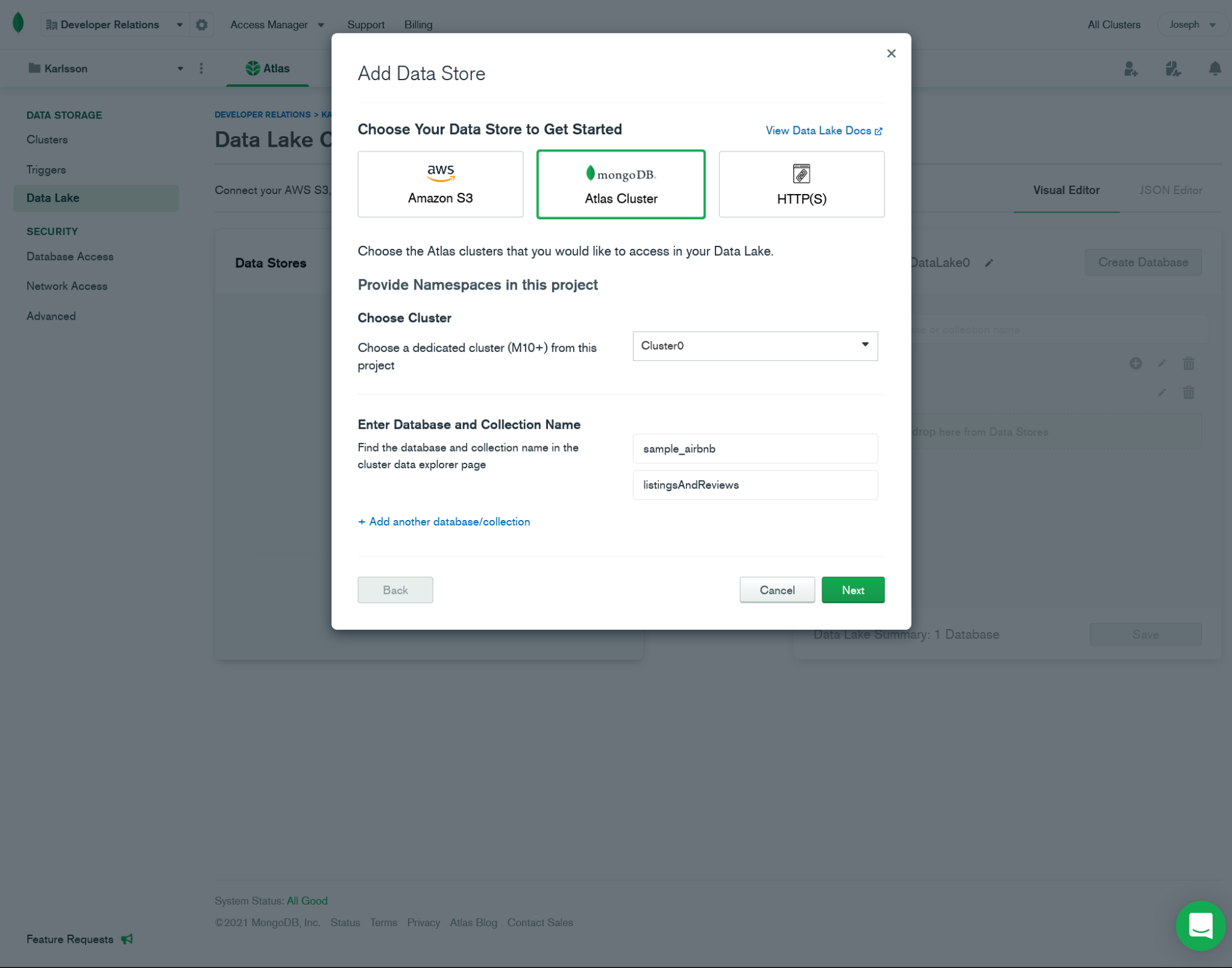 Screenshot from the MongoDB Atlas Data Lake creation modal showing how I filled in the form for this demo.