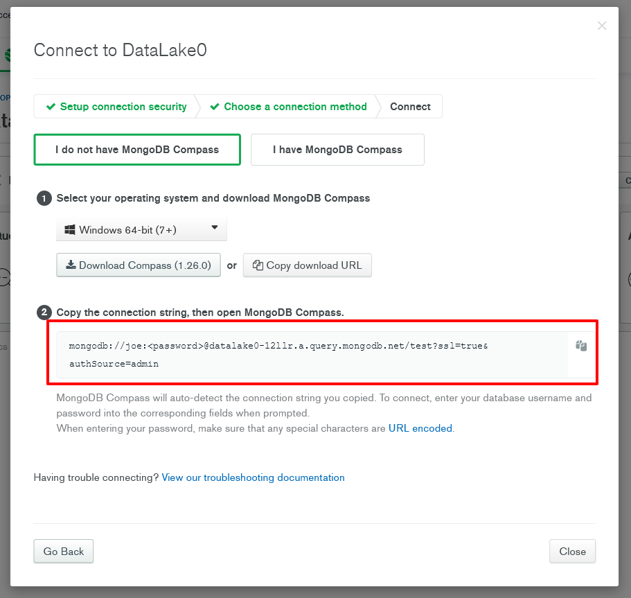Screenshot from the MongoDB Atlas Data Lake connection modal with a red box highlighting your connection string that you will use to connect to your data lake.