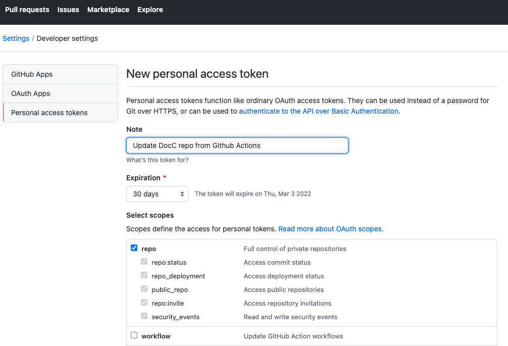 Github Settings page to add Personal Access Tokens