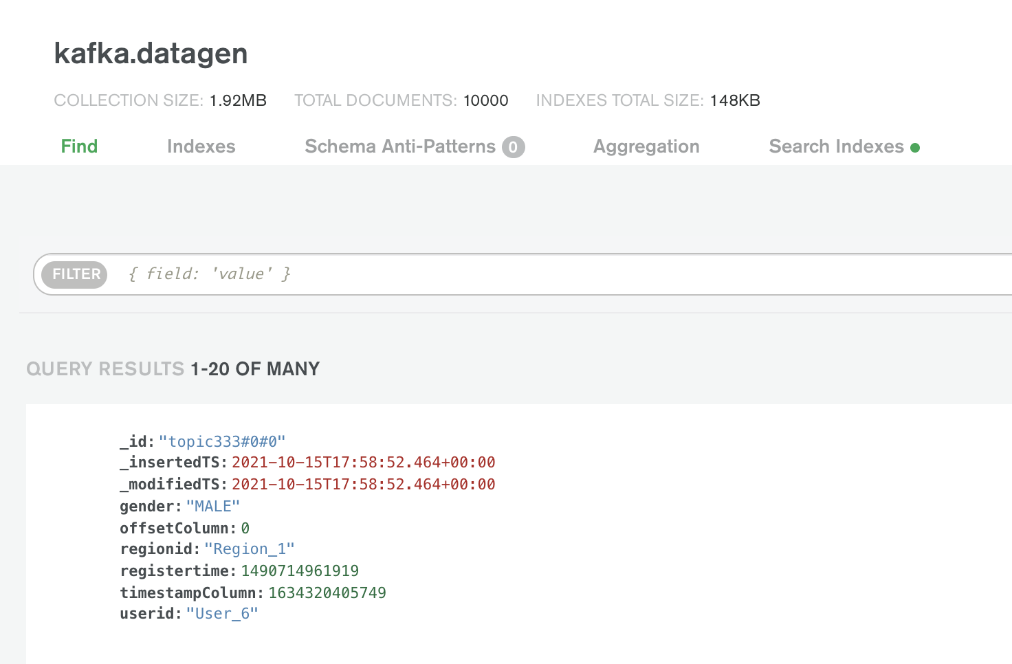 Figure 1: Datagen collection as seen in MongoDB Atlas Collections page