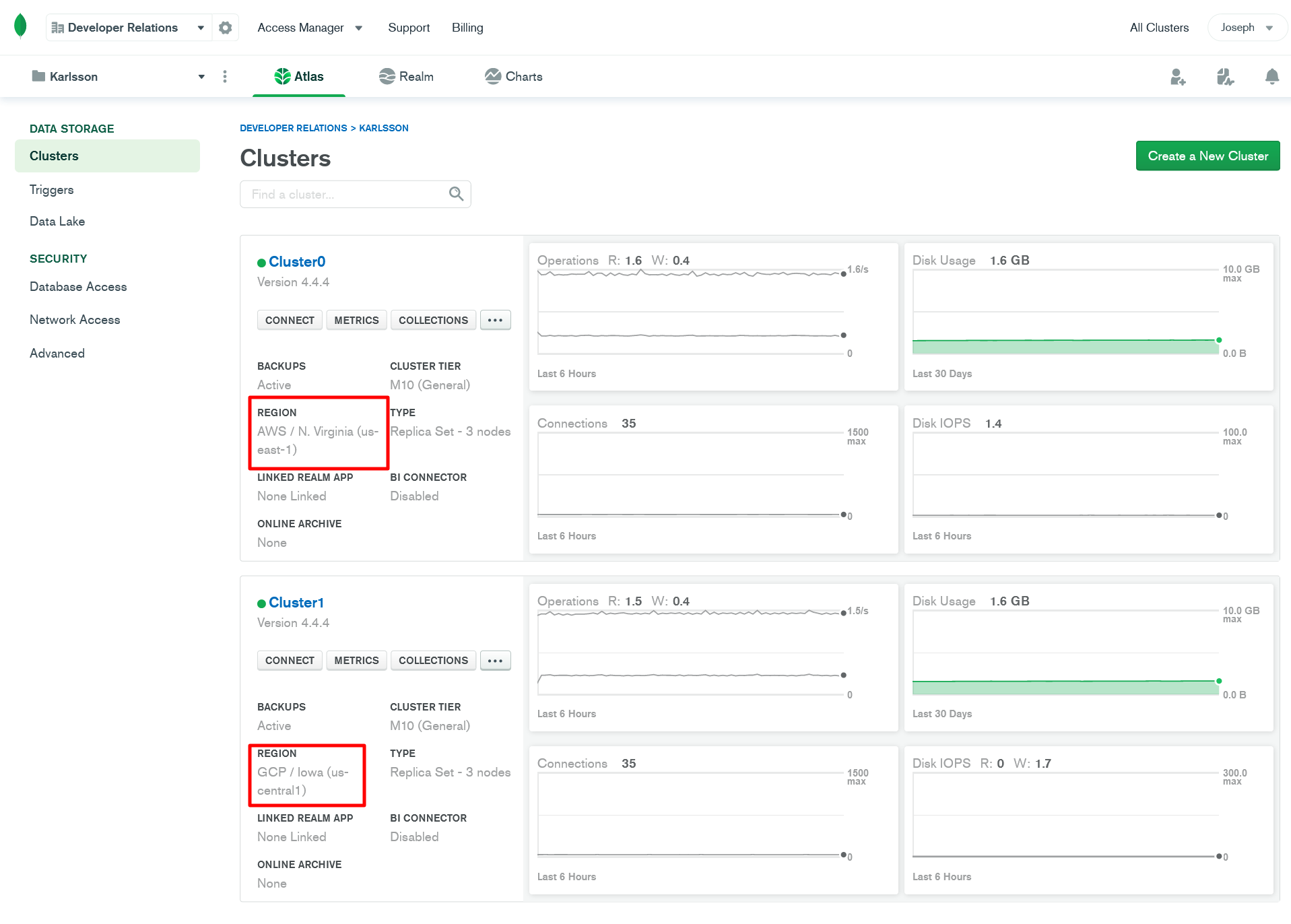 Screenshot of MongoDB Atlas Cluster overview page. There are red boxes highlighting that the two clusters used in this example are being hosted in two different cloud providers, AWS and GCP.