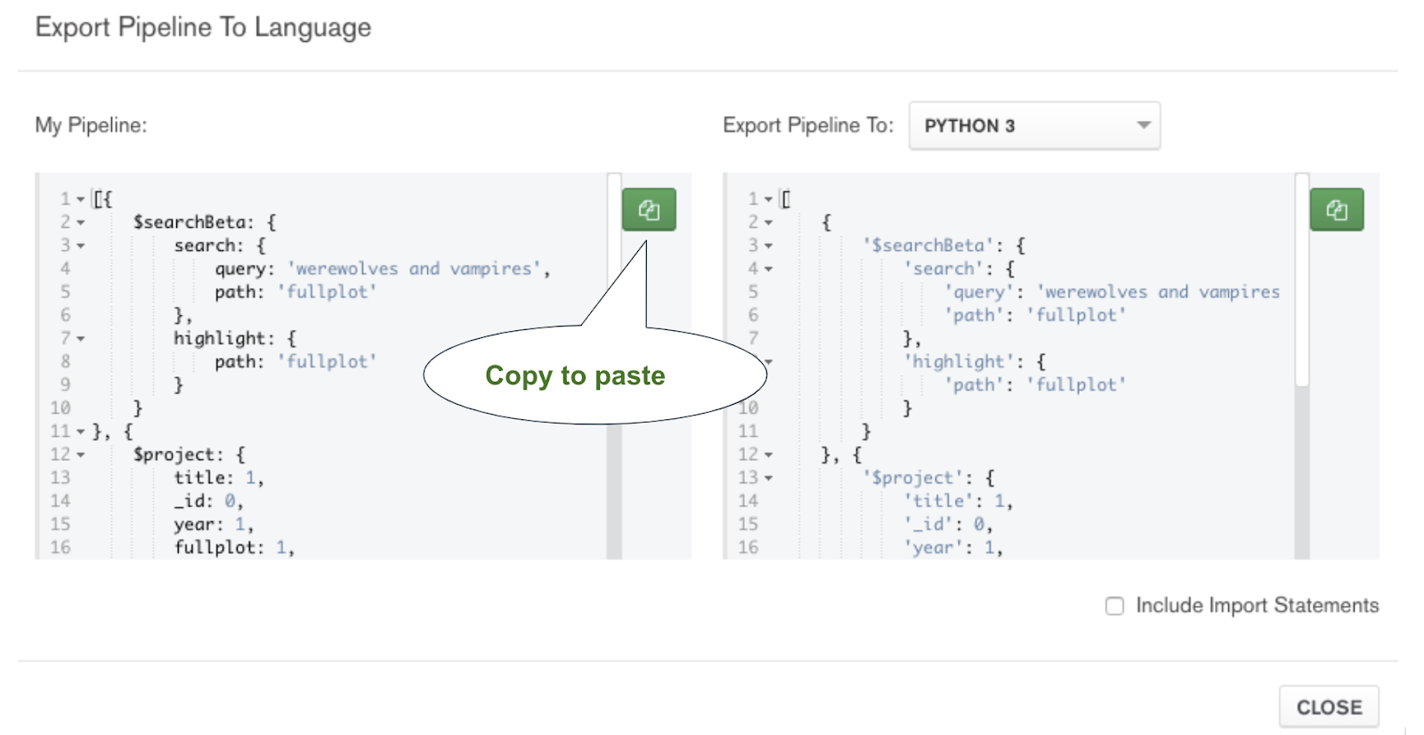 Export aggregation pipeline