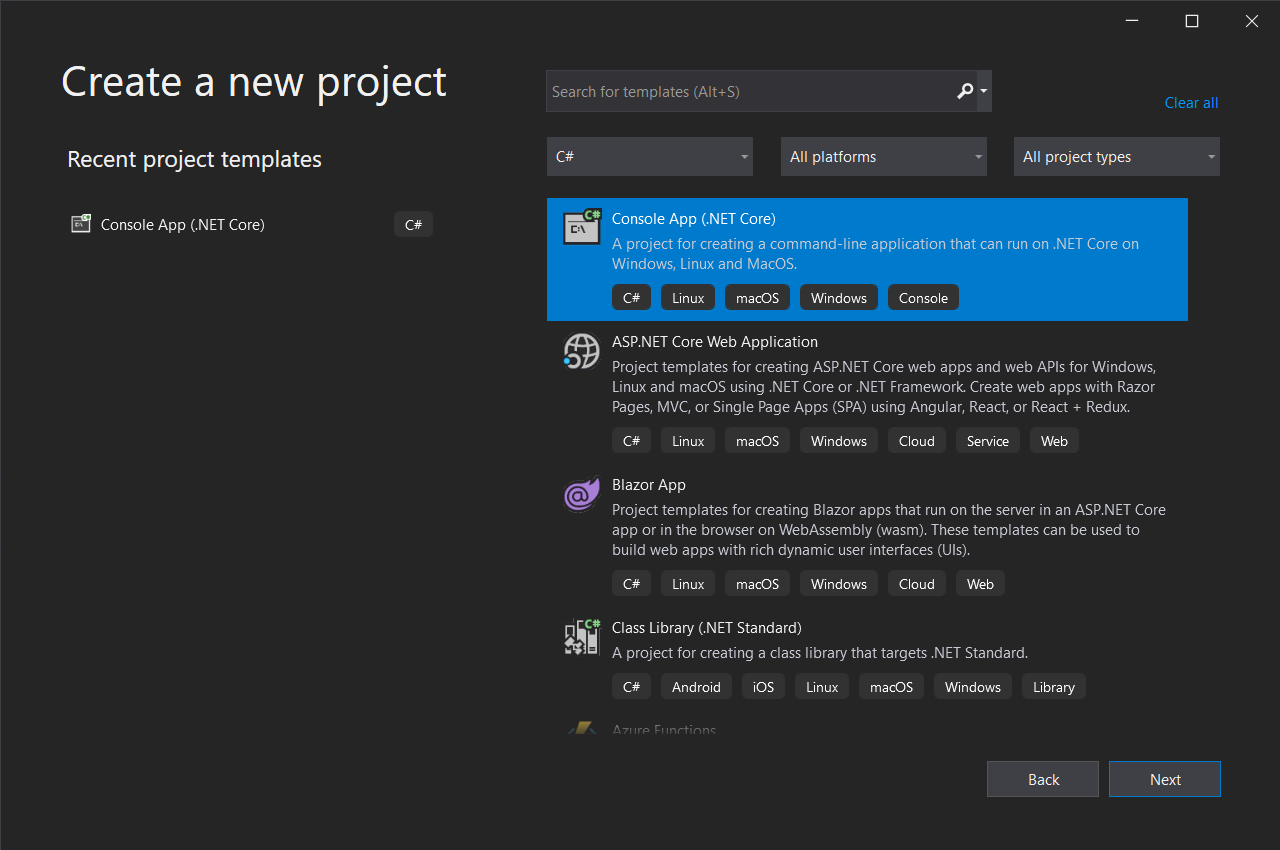 Visual Studio 2019 create a new project prompt; Console App (.NET Core) option is highlighted.