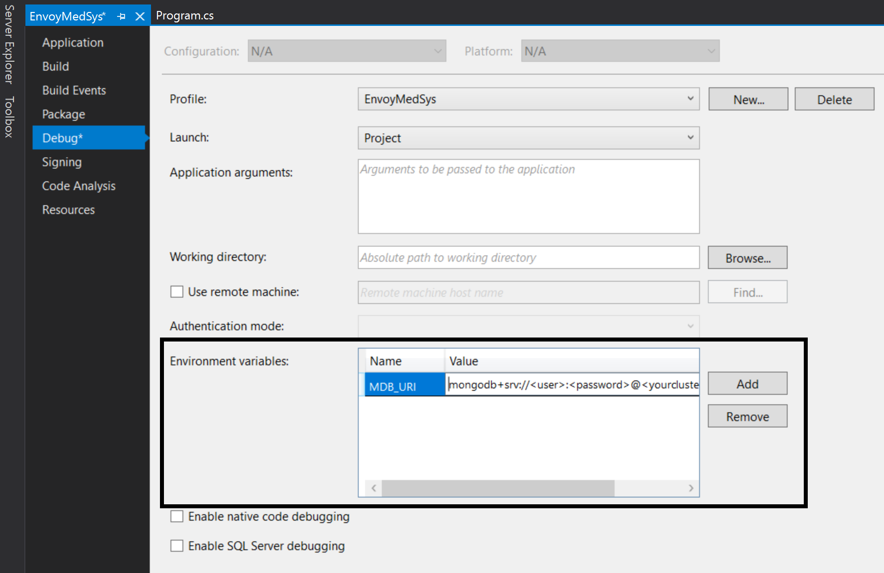 Adding an environment variable to the project settings in Visual Studio 2019.