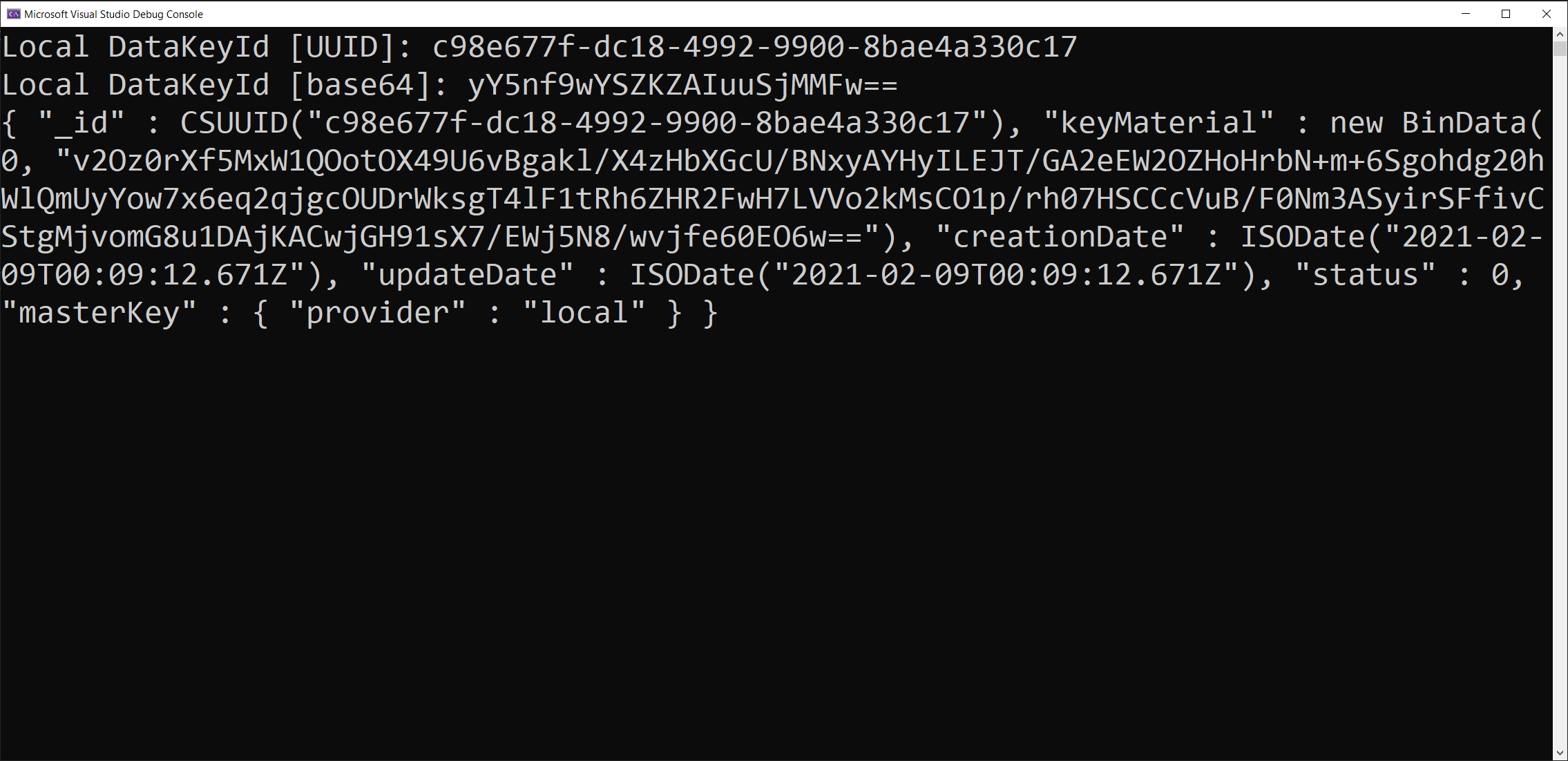 Console output showing two data key ids and a data object; these are successful signs of a properly generated data encryption key.