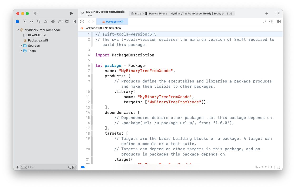 Xcode showing the newly created Package.swift